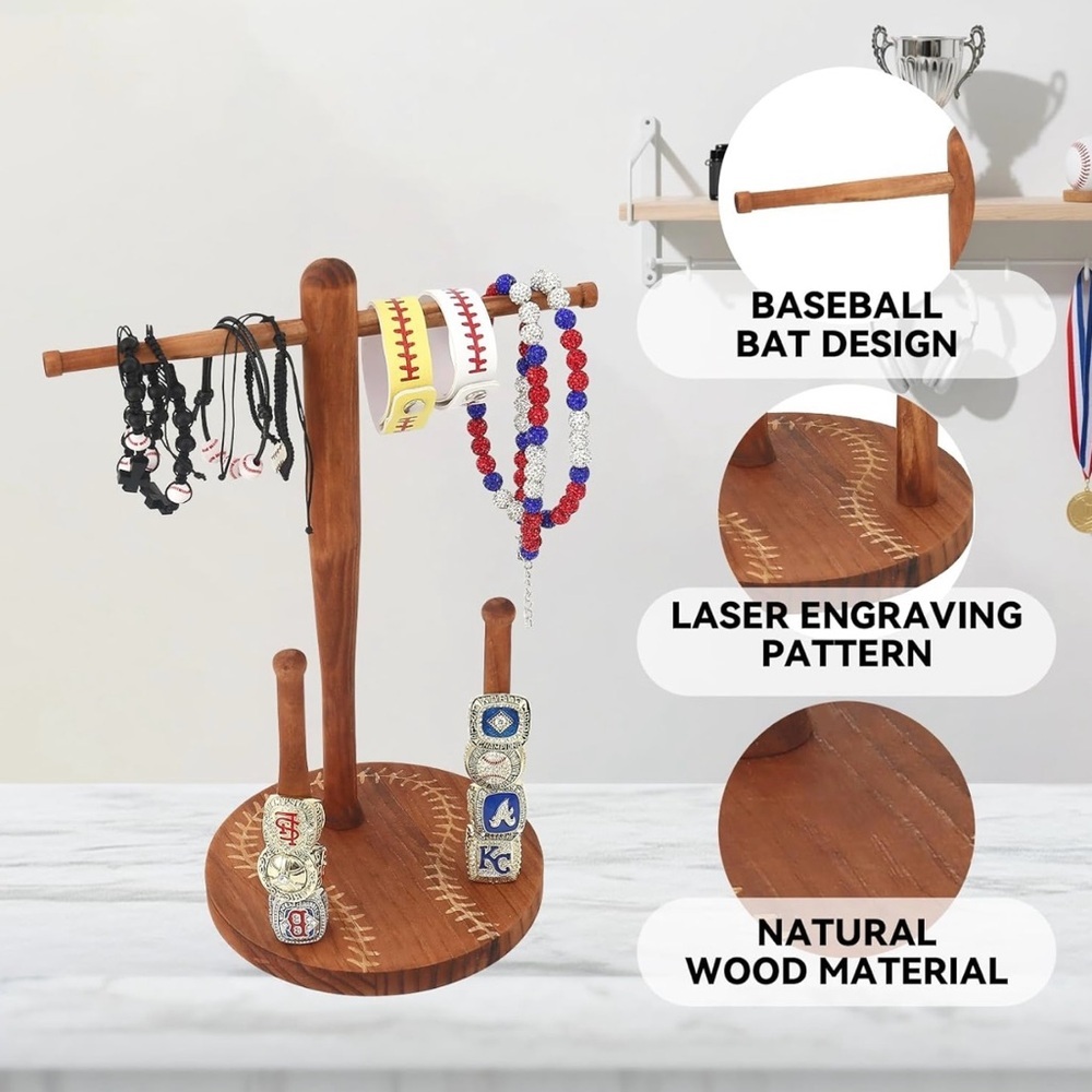 NEW - Wooden Baseball/Softball Drip Necklace Organizer Holder,Baseball Ring Acce - Picture 4 of 6